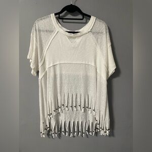 NWOT POL Fringe Hem Semi Sheer White Top. Size Small